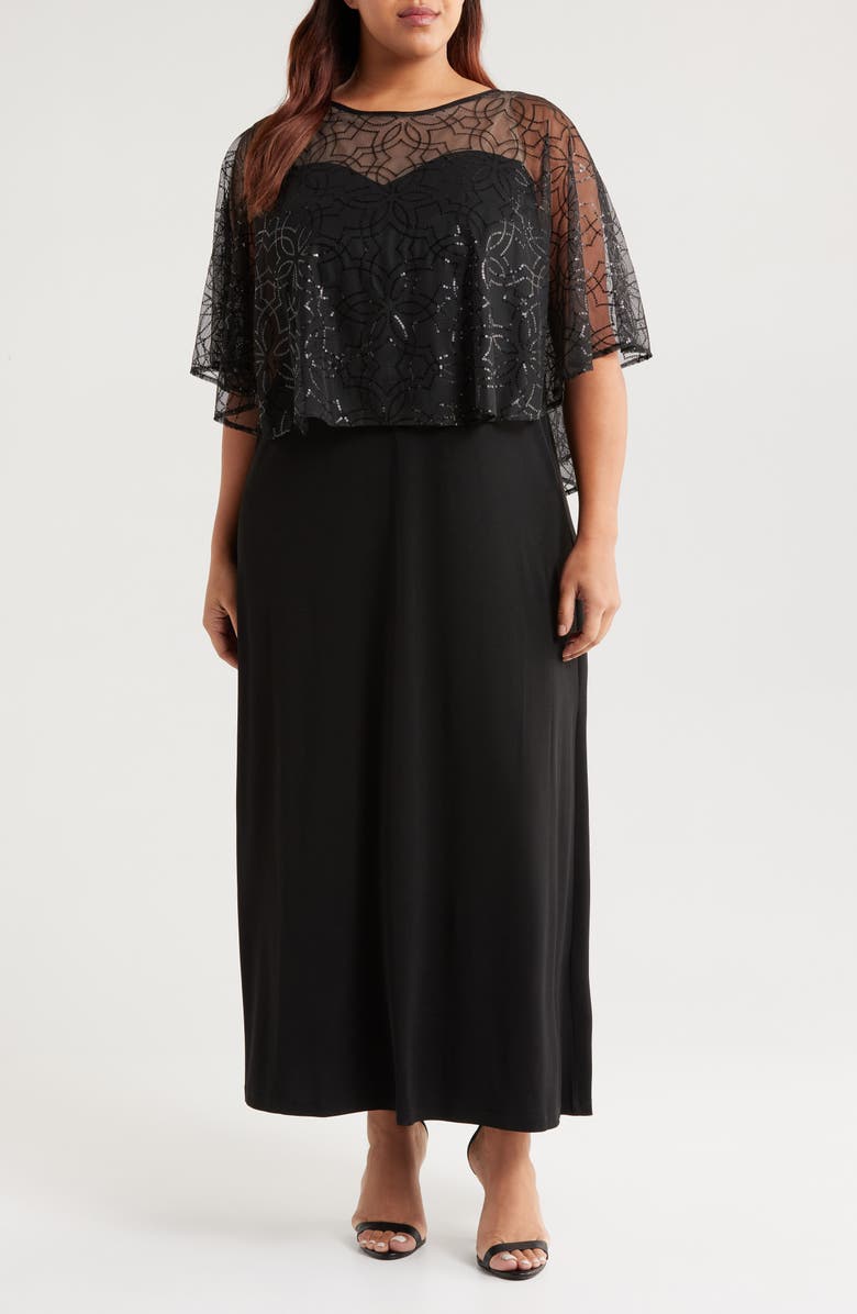 Connected Apparel Sequin Cape Gown, Main, color, Black
