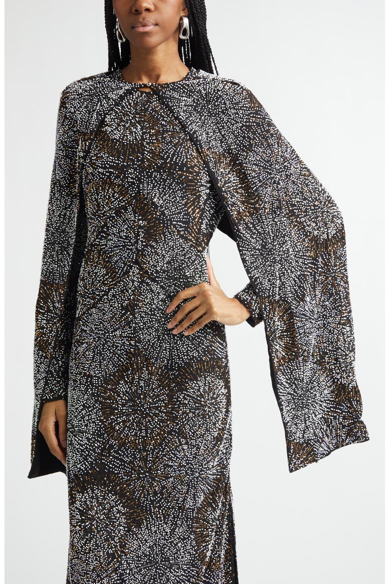 Firework Embellished Long Sleeve Crepe Gown with Detachable Cape, Alternate, color, BLACK