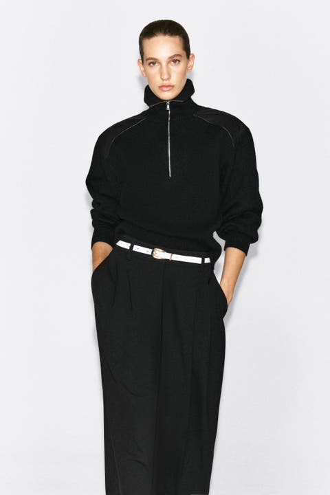 Leather-Patch Merino Wool Zip-Up Sweater