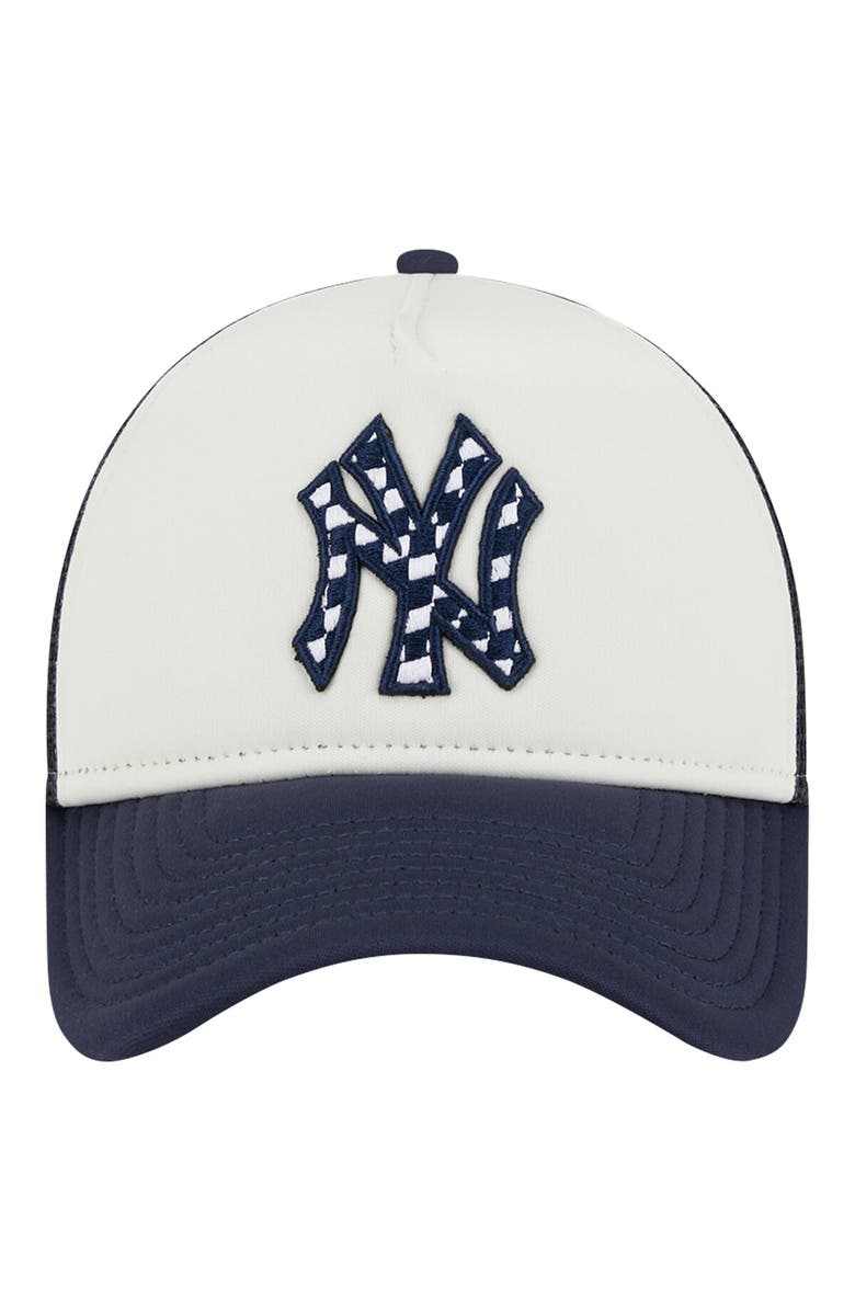 New Era Men's New Era White/Navy New York Yankees Checkered Flag A-Frame Trucker 9FORTY Adjustable Hat, Alternate, color, White