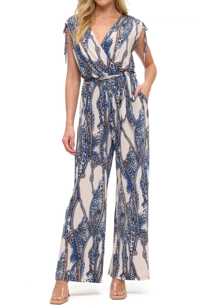 O.L. Tie Waist Wide Leg Jumpsuit, Main, color, Ivory/ Blue/ Black