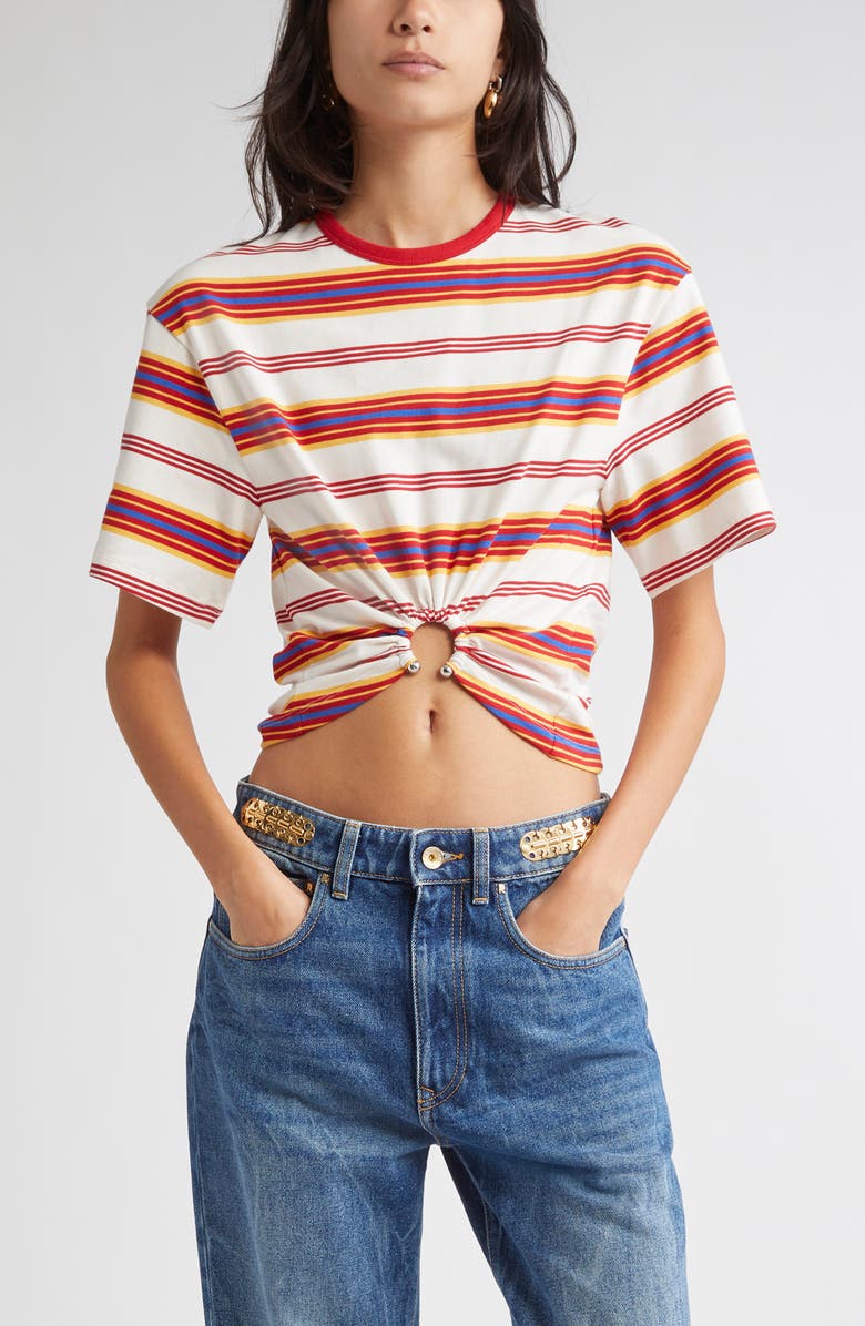Rabanne Stripe Piercing Ring Crop T-Shirt, Main, color, Stripes Cream / Orange /