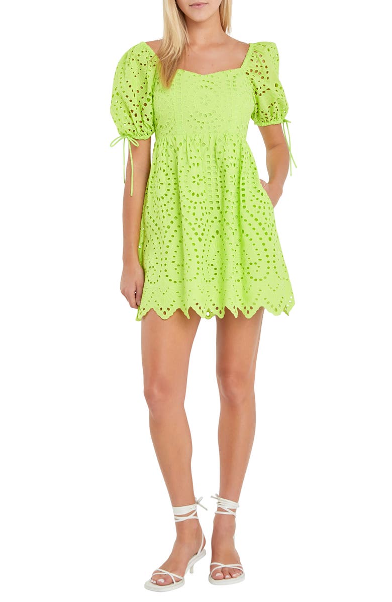 English Factory Scallop Hem Eyelet Minidress, Main, color, Lime