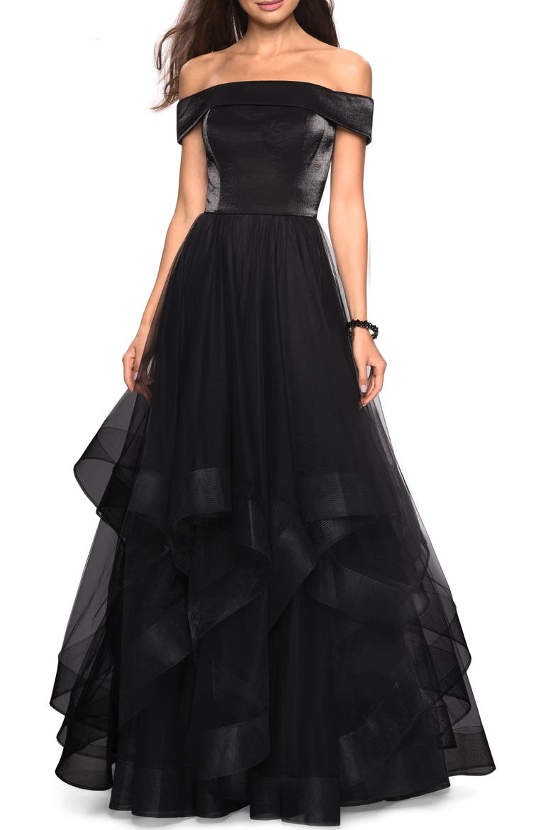 Off the Shoulder Evening Dress, Main, color, BLACK