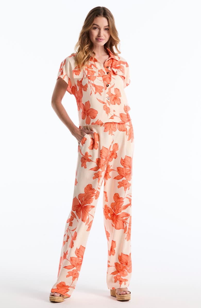 Laundry by Shelli Segal Floral Pleated Wide Leg pants, Alternate, color, Coral/ White Swan