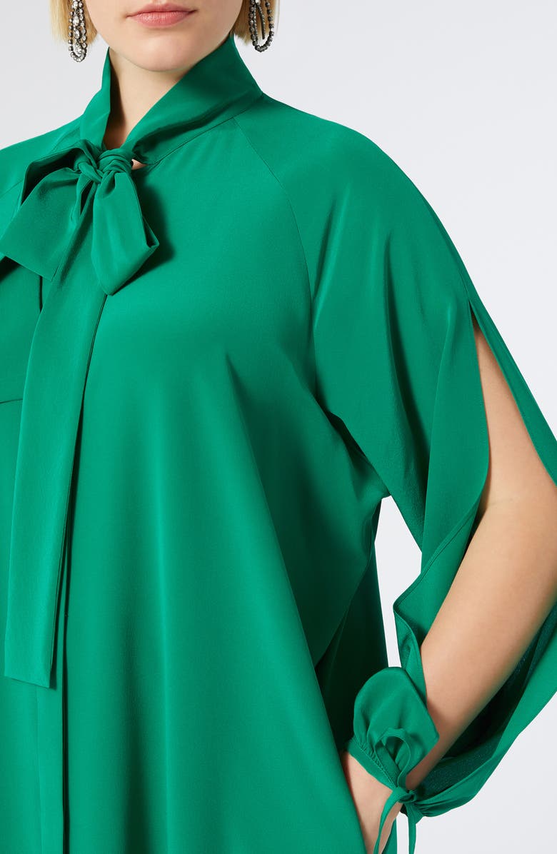 Marina Rinaldi Norel Tie Neck Long Sleeve Silk Midi Shift Dress, Alternate, color, Emerald