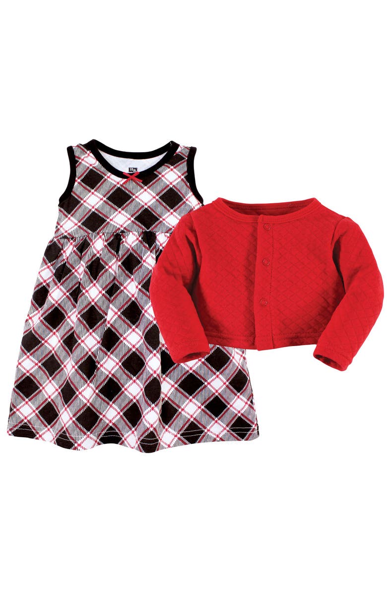 Hudson Baby Quilted Cardigan and Dress, Alternate, color, Black Red Plaid