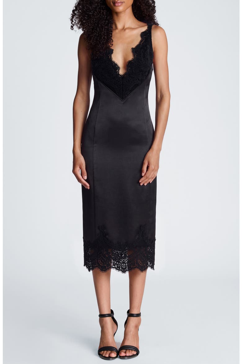 Contrast Lace Trim Satin Midi Dress, Main, color, BLACK