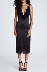 Kenneth Cole Collection Contrast Lace Trim Satin Midi Dress