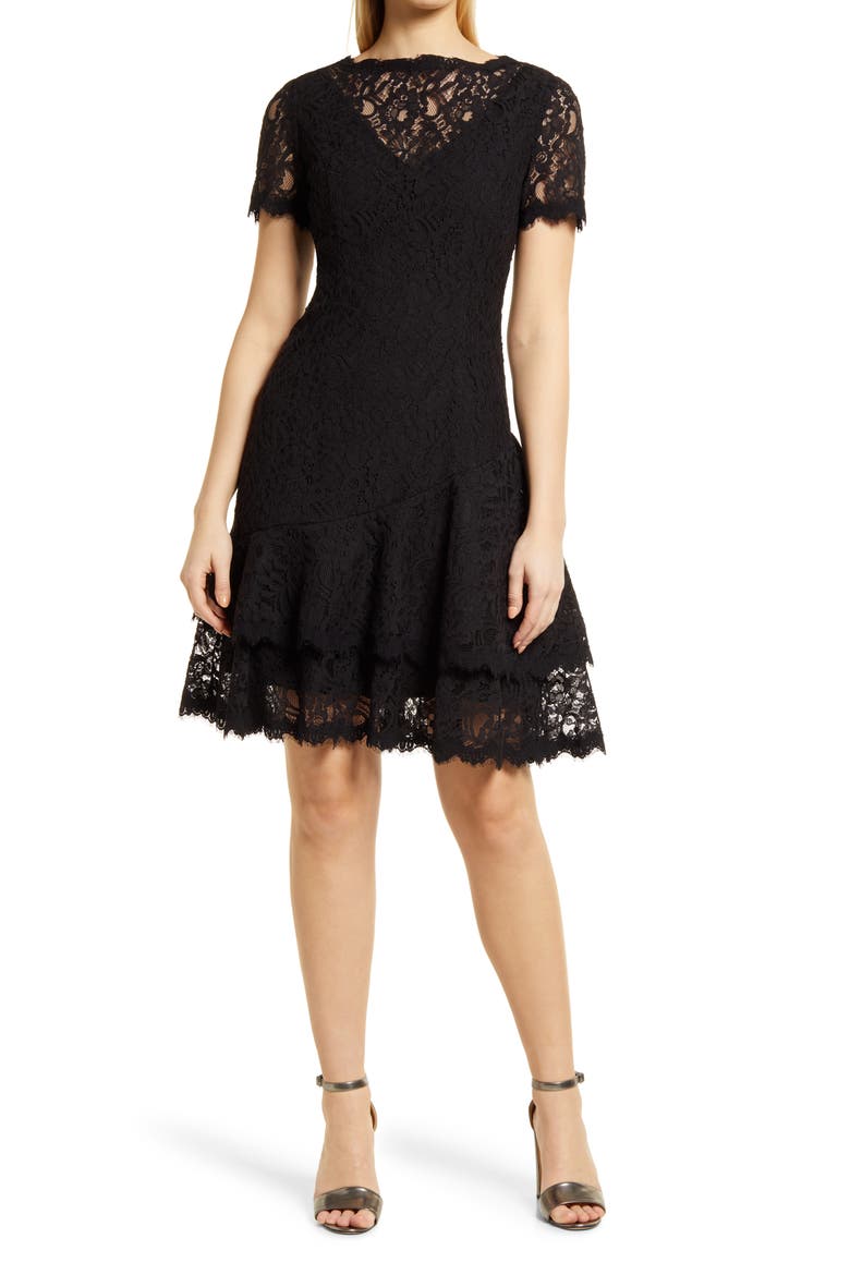 Scalloped Lace Cocktail Dress, Main, color, BLACK