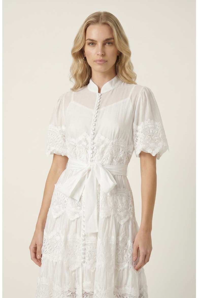 Lace Trim Puff Sleeve Midi Dress with Waist Tie, Main, color, White