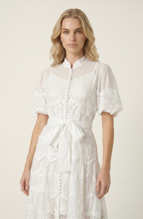 Lace Trim Puff Sleeve Midi Dress with Waist Tie