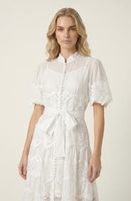 Modenaire Lace Trim Puff Sleeve Midi Dress with Waist Tie