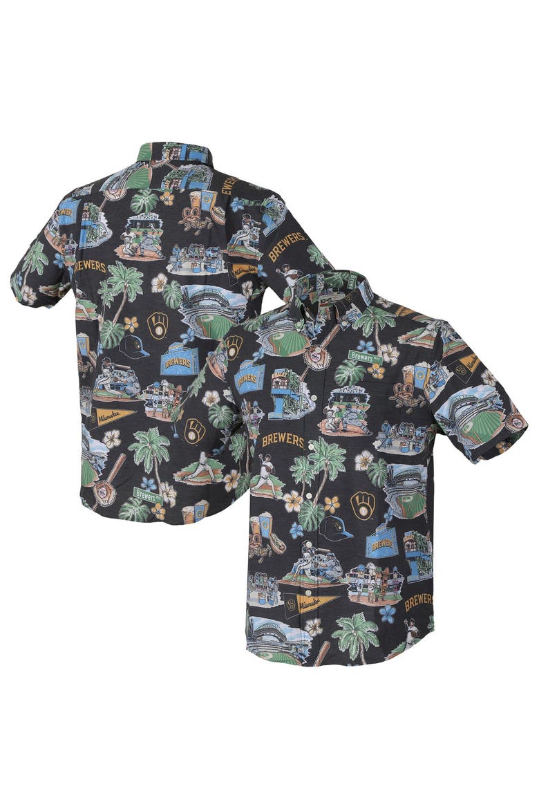 Men's Reyn Spooner Navy Milwaukee Brewers Big & Tall Scenic Performance Tri-Blend Aloha Button-Down Shirt, Main, color, Navy