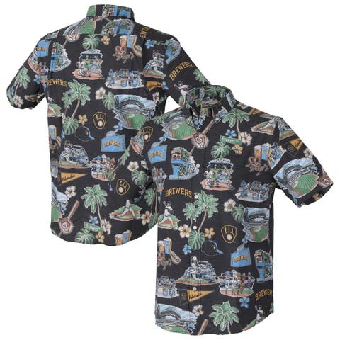 Men's Reyn Spooner Navy Milwaukee Brewers Big & Tall Scenic Performance Tri-Blend Aloha Button-Down Shirt