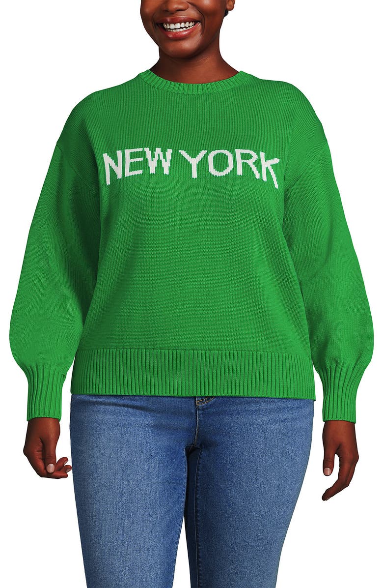 Lands
 End Drifter Jersey Crewneck Sweater, Main, color, True Green/Ivory New York