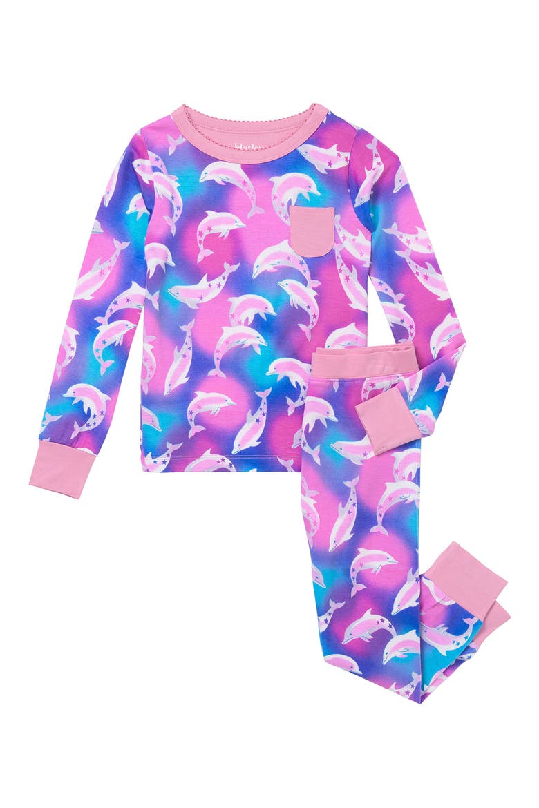 Kids' Airbrush Dolphins Print Fitted Two-Piece Pajamas, Main, color, PURPLE