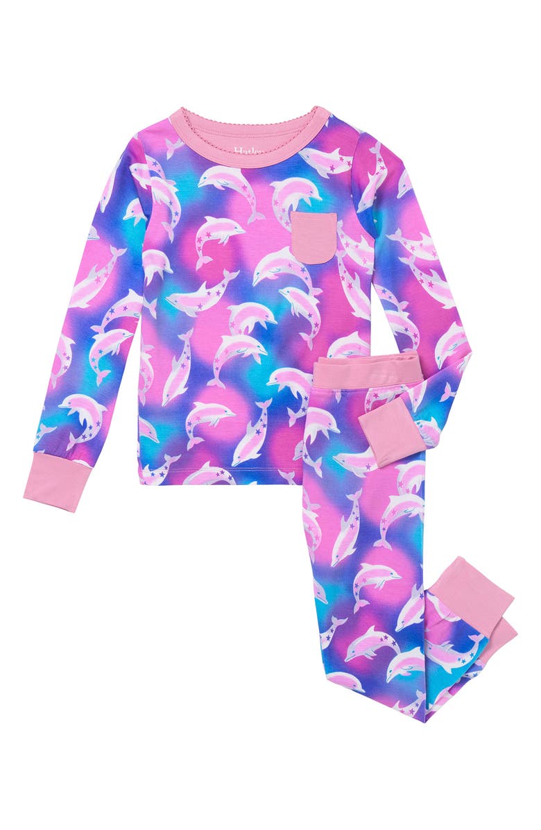 Hatley Kids' Airbrush Dolphins Print Fitted Two-Piece Pajamas, Main, color, Purple
