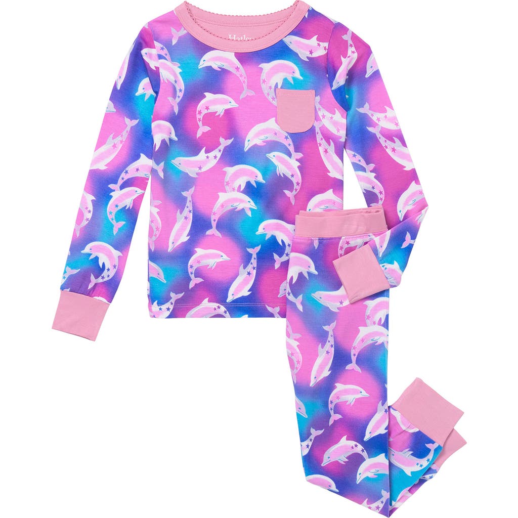 Shop Hatley Kids' Airbrush Dolphins Print Fitted Two-piece Pajamas In Purple
