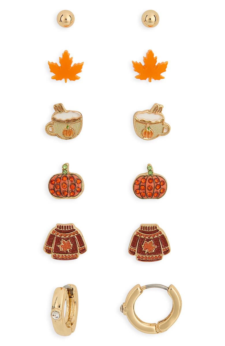 Leith Set of 6 Harvest Stud Earrings, Main, color, Orange Multi- Gold