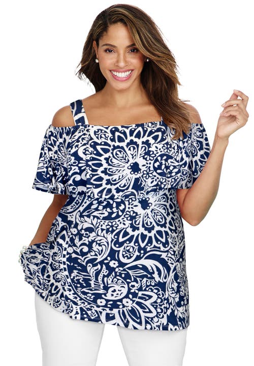 Jessica London Stretch Knit Cold Shoulder Ruffle Tunic In Blue