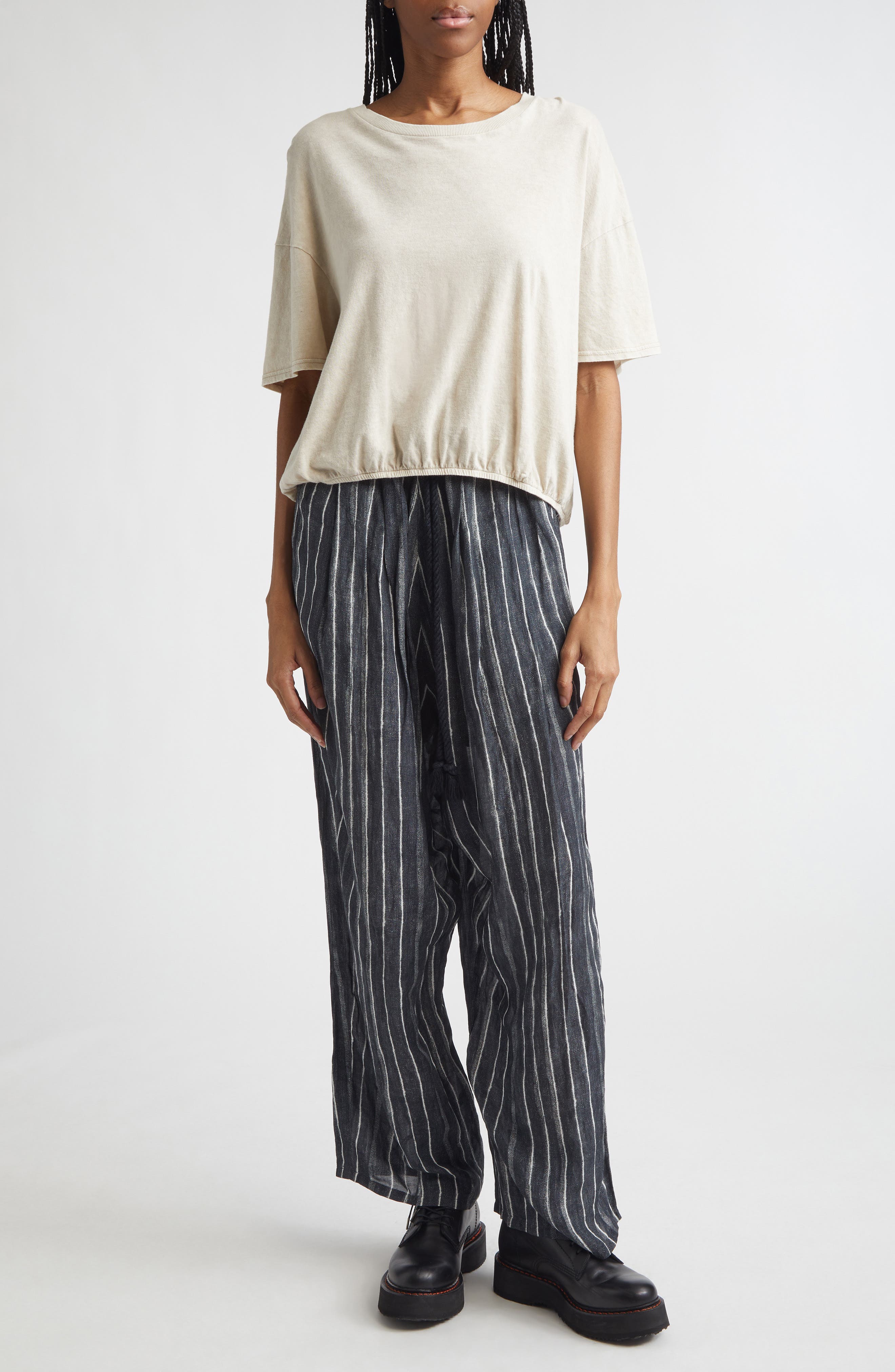Relaxed Pleated Stripe Drawstring Waist Pants - image 2