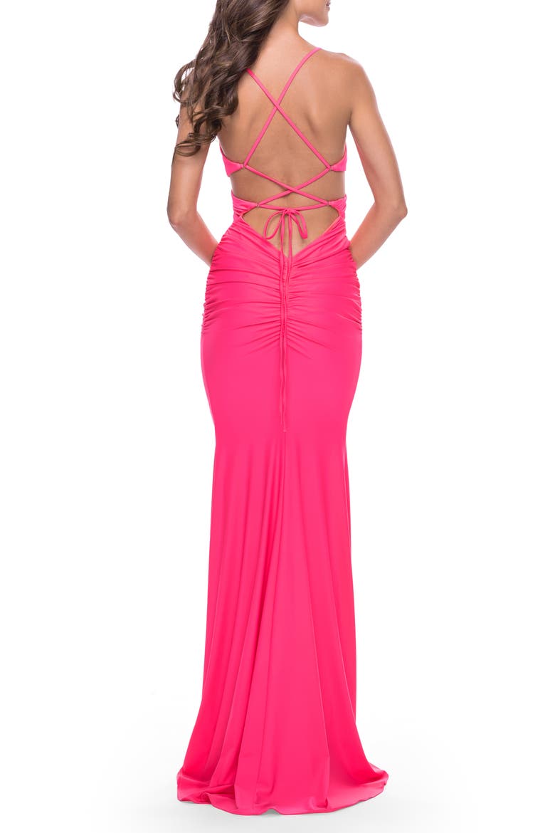 Cut Out Long Soft Jersey Dress with Criss Cross Bodice in Neon, Alternate, color, Neon Pink