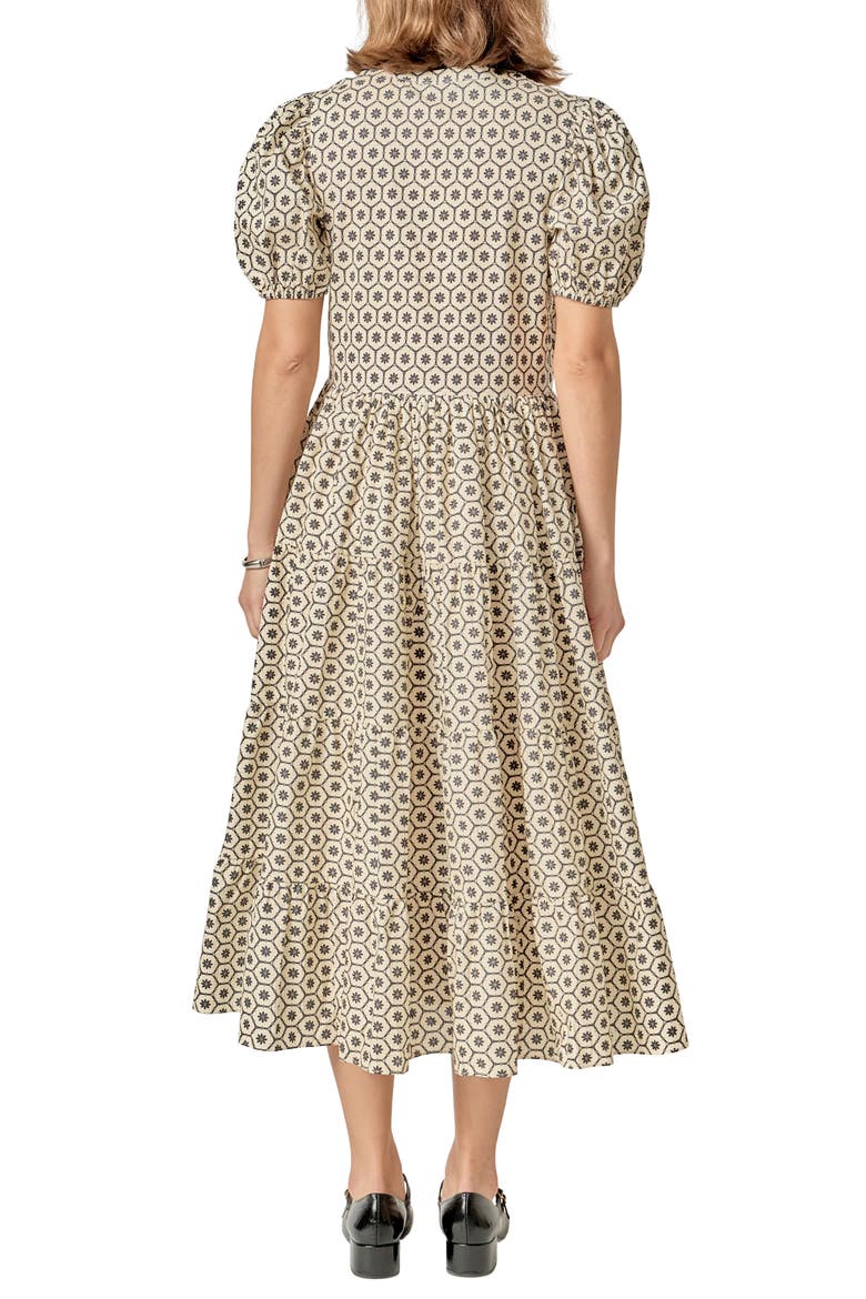 Print Puff Sleeve Midi Dress, Alternate, color, BEIGE/ BLACK