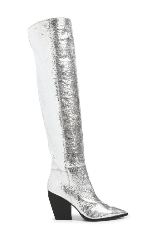 Allsaints Reina Metallic Over The Knee Boot In Silver