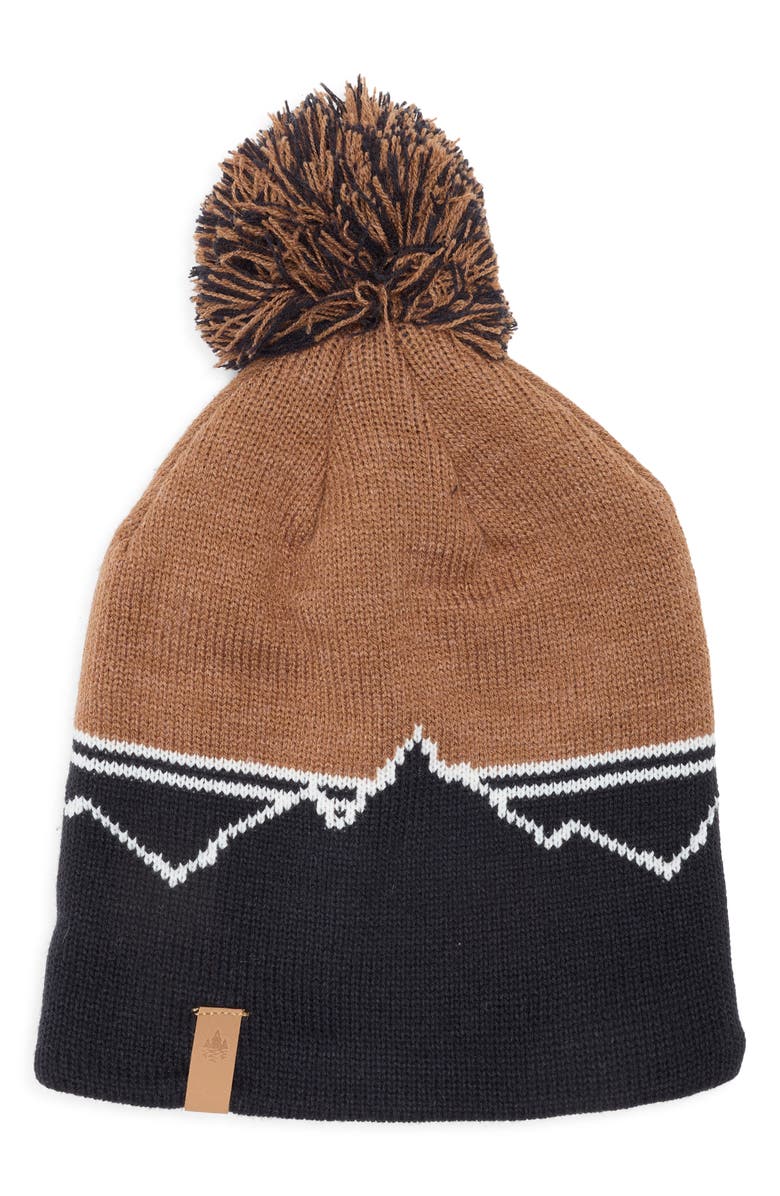 Rainforest Mountain Stripe Pom Beanie, Main, color, Toffee Hthr/ Navy Combo