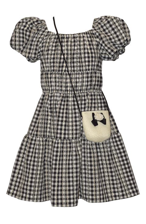Kids' Gingham Dress & Straw Crossbody Bag Set (Big Kid)