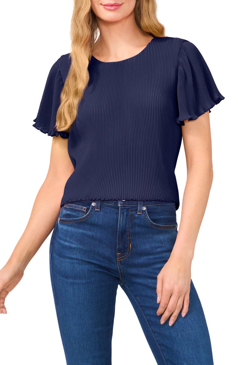 CeCe Flutter Sleeve Plissé Top, Main, color, Classic Navy