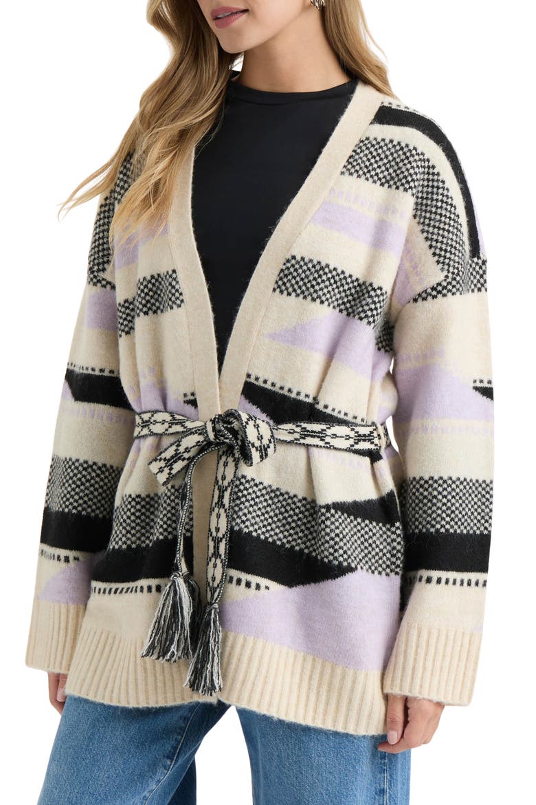 Stripe Tie Waist Jacquard Cardigan, Alternate, color, LILAC AZTEC