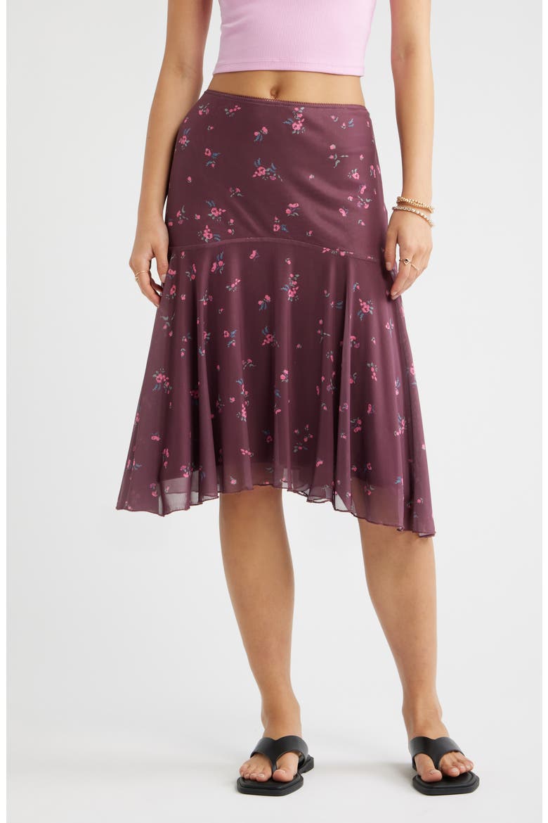 Drop Waist Handkerchief Midi Skirt, Main, color, BURGUNDY- PINK SHAYLYNN DITSY
