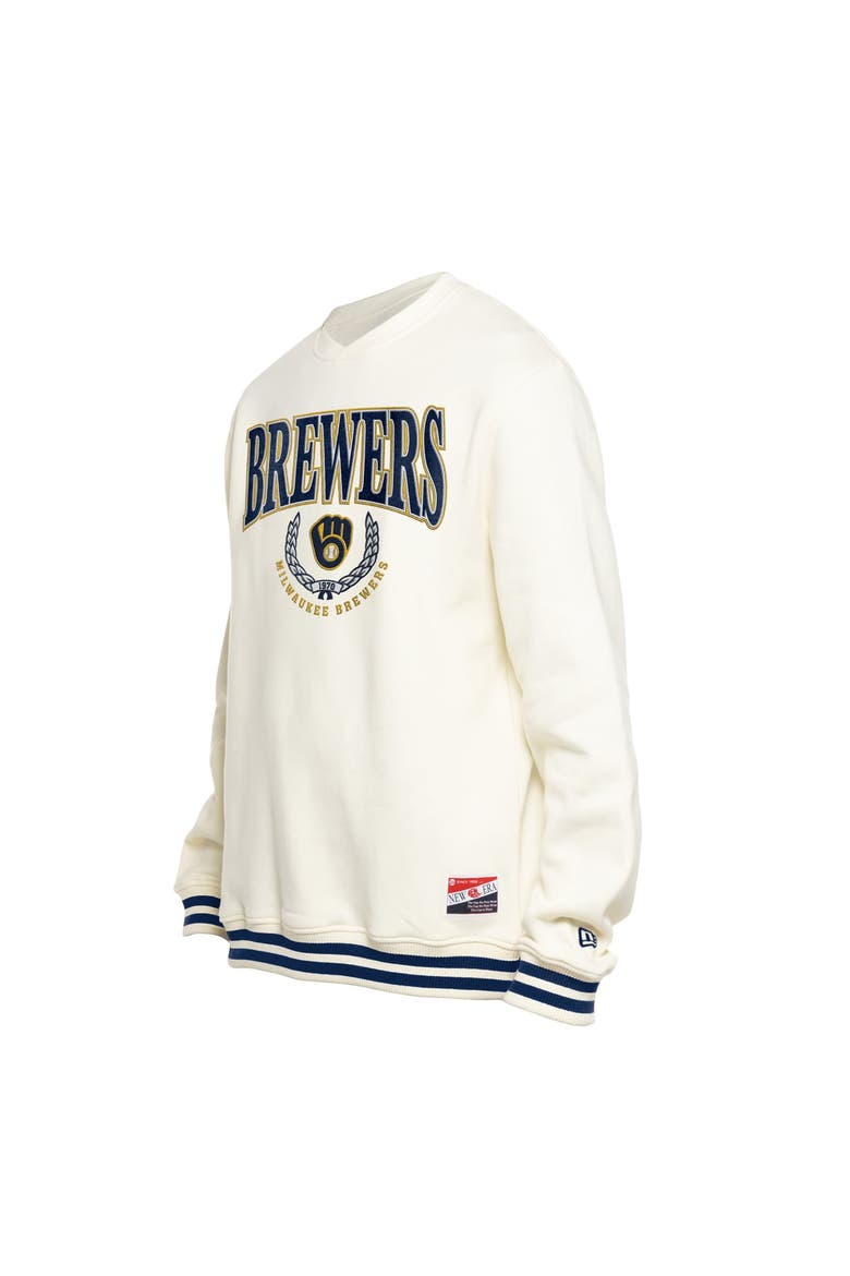 Men's New Era White Milwaukee Brewers Throwback Sweatshirt, Alternate, color, Cream