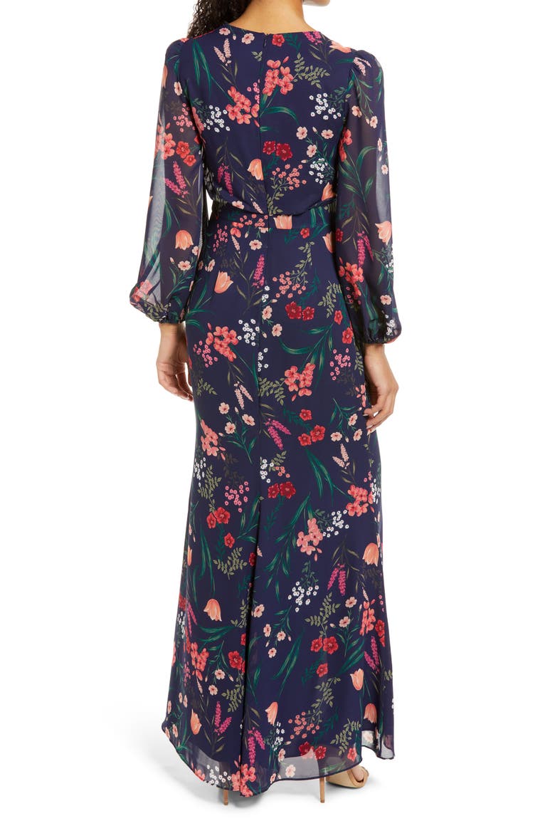 Floral Cascade Ruffle Long Sleeve Dress, Alternate, color, NAVY