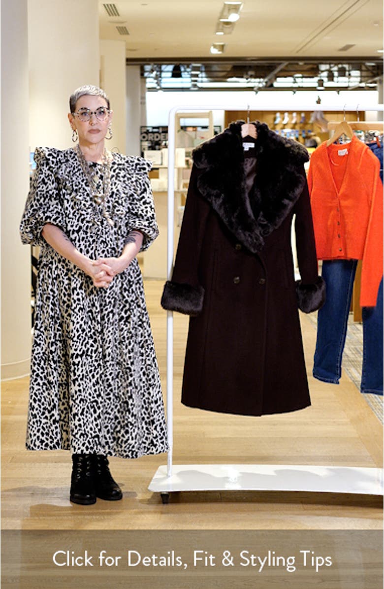 Double Breasted Wool Blend Coat with Faux Fur Trim, sales video thumbnail