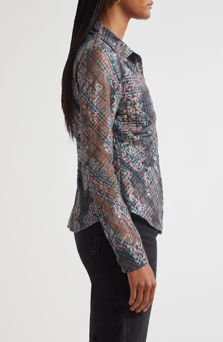 Ramy Brook Hamilton Ruched Mixed Plaid Button-Up Shirt, Alternate, color, Amber Multi