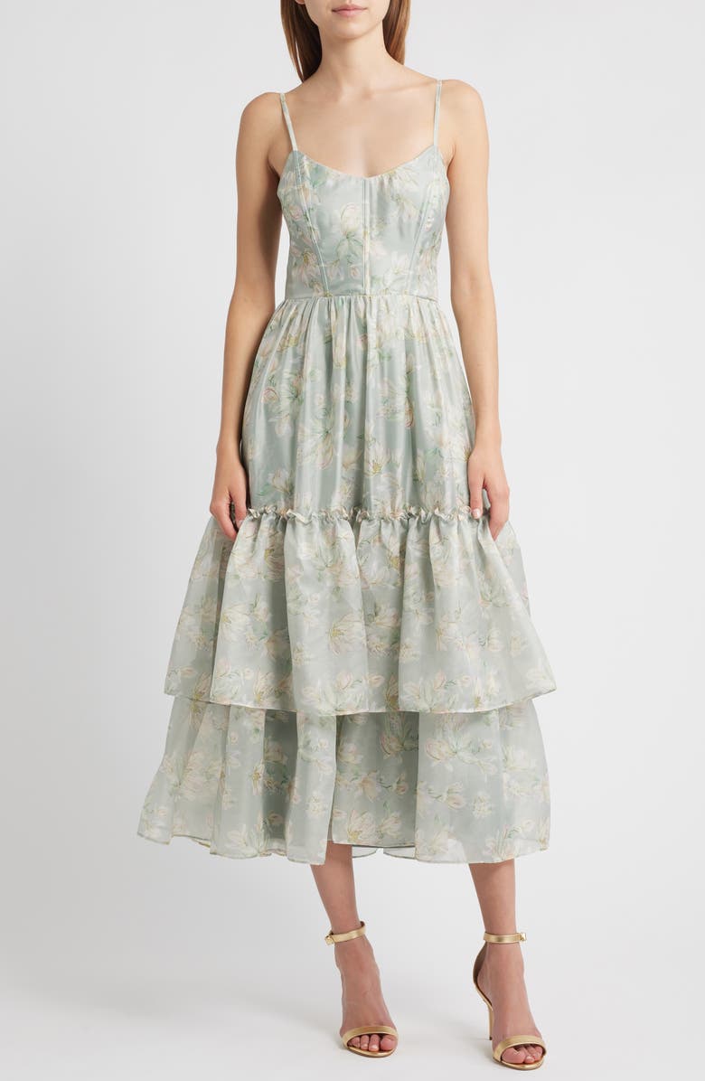 Lulus Dylan Tie Back Tiered Midi Dress, Main, color, Sage Floral