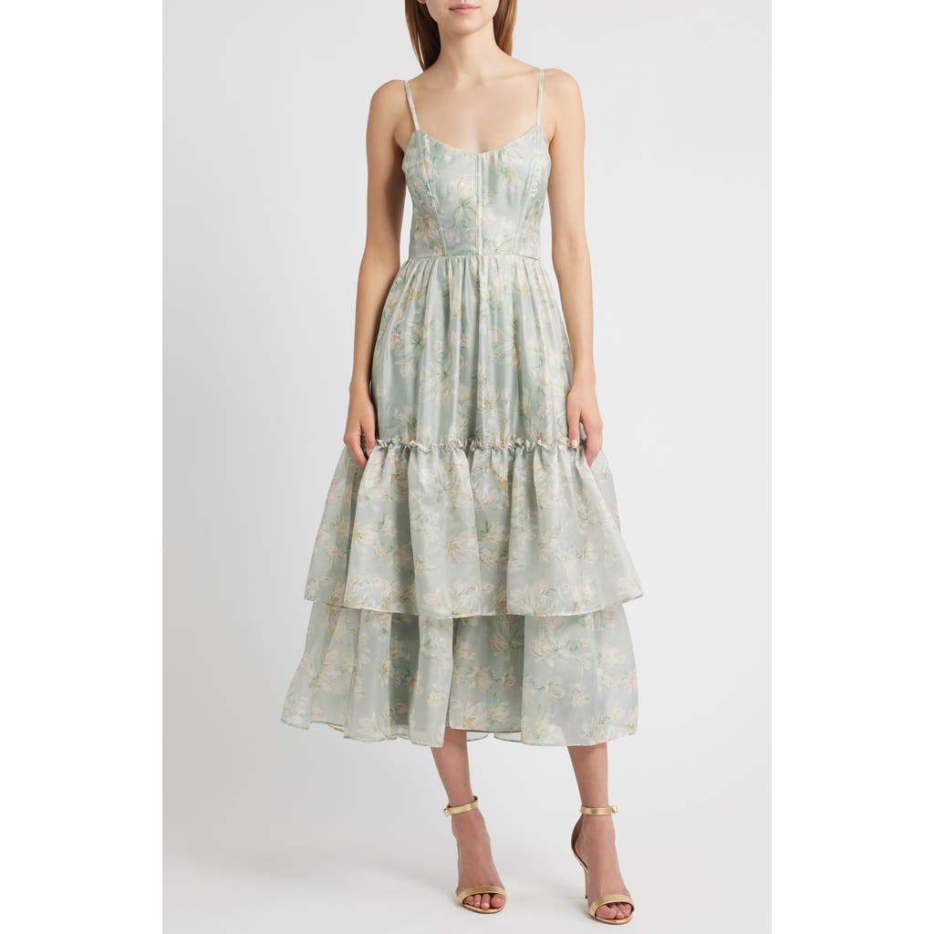Lulus Dylan Tie Back Tiered Midi Dress In Green