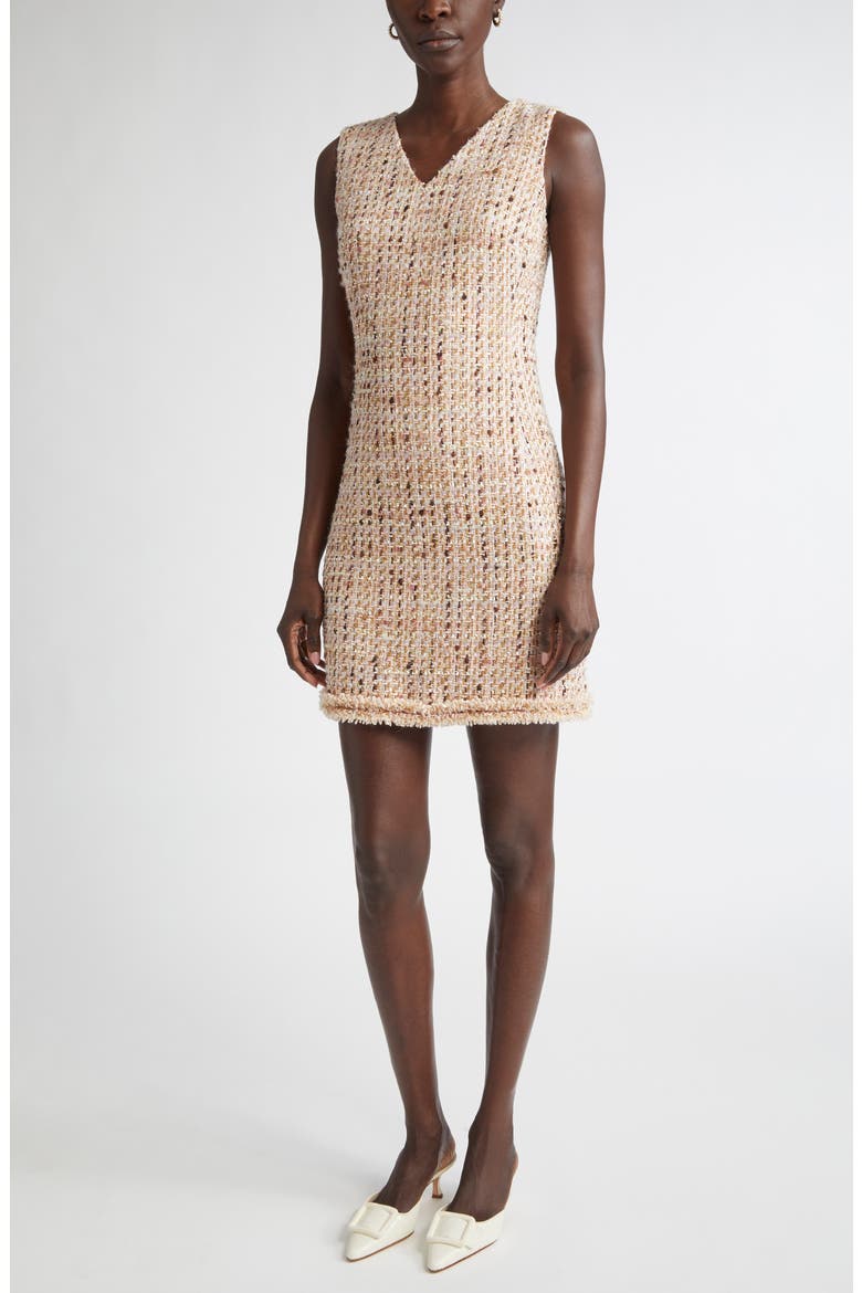Betty Fringe Trim Metallic Tweed Sheath Dress, Main, color, POWER ROSE/ ACORN MULTI