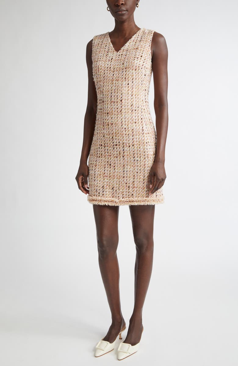 ST. JOHN Betty Fringe Trim Metallic Tweed Sheath Dress, Main, color, Power Rose/ Acorn Multi