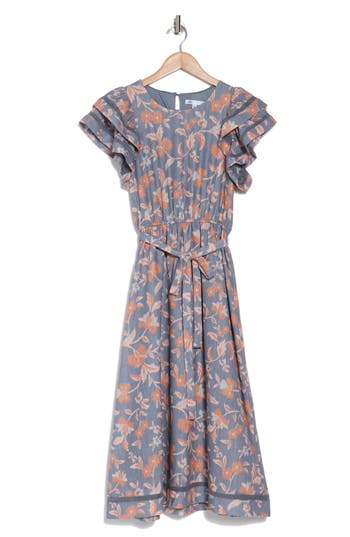 Daniel Rainn Dr2 By  Double Ruffle Flutter Sleeve Fit & Flare Midi Dress In Blue