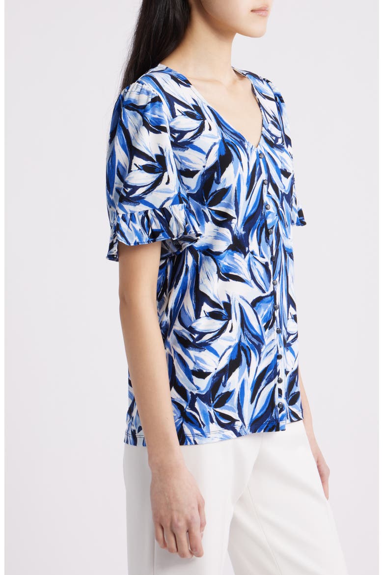 Ruffle Accent Short Sleeve Button-Up Shirt, Alternate, color, ANNE BLACK MULTI