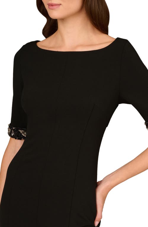 Aidan Mattox By Adrianna Papell Beaded Sleeve Stretch Crepe Cocktail Midi Dress In Black