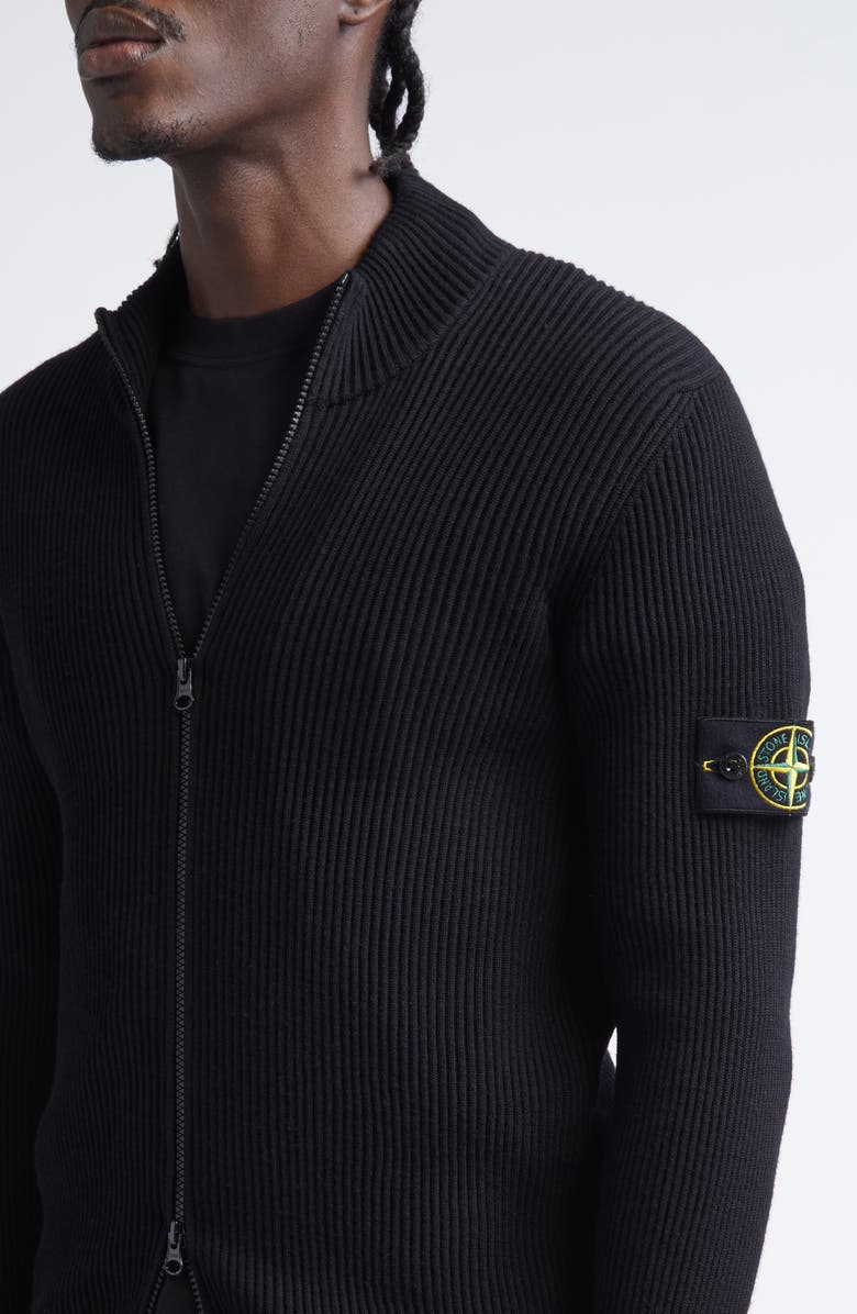 Stone Island Compass Patch Full Zip Virgin Wool Rib Cardigan, Alternate, color, V0029 Black