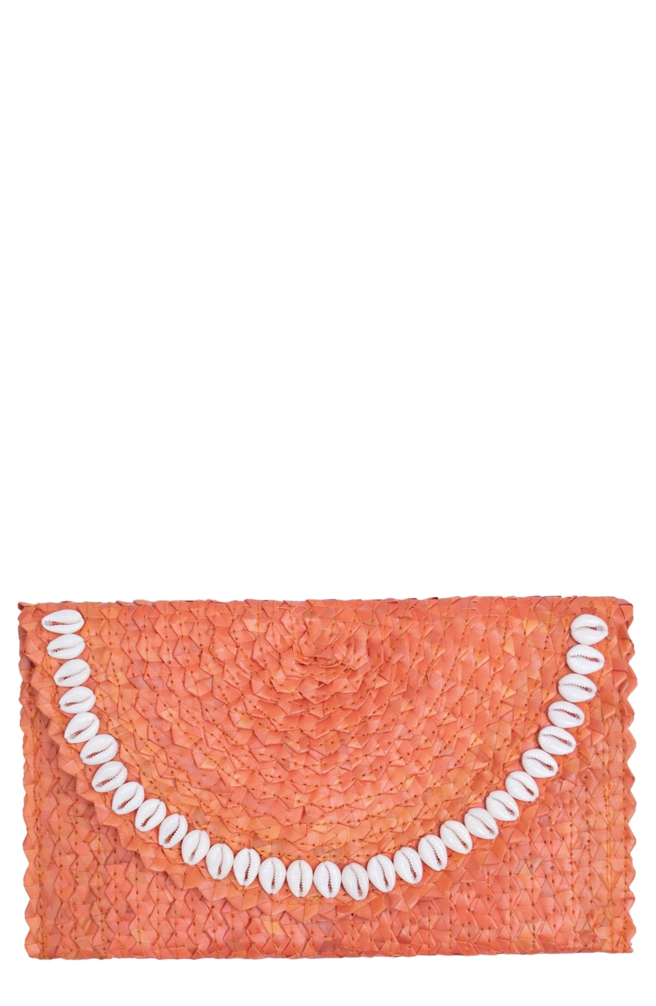 Jelavu Coco Seashell Trim Raffia Clutch, Main, color, Orange