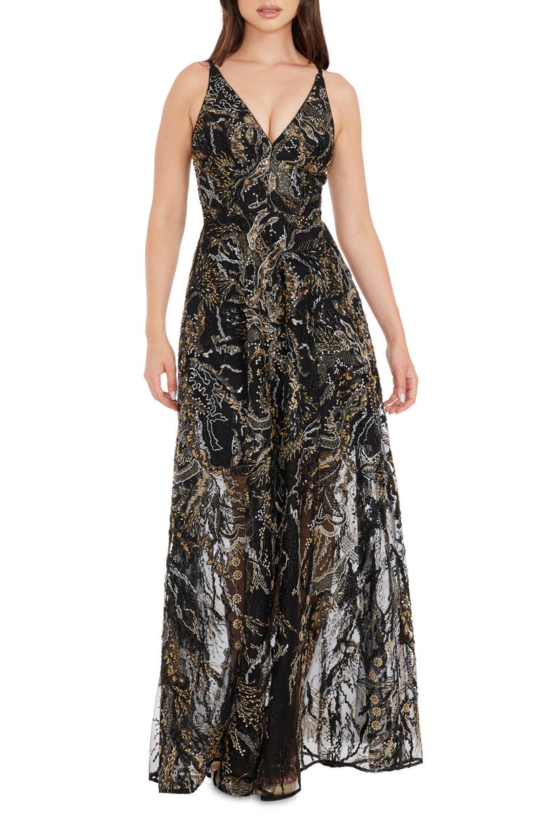 Dress the Population Ariyah Floral Sequin A-Line Gown, Main, color, Black Multi