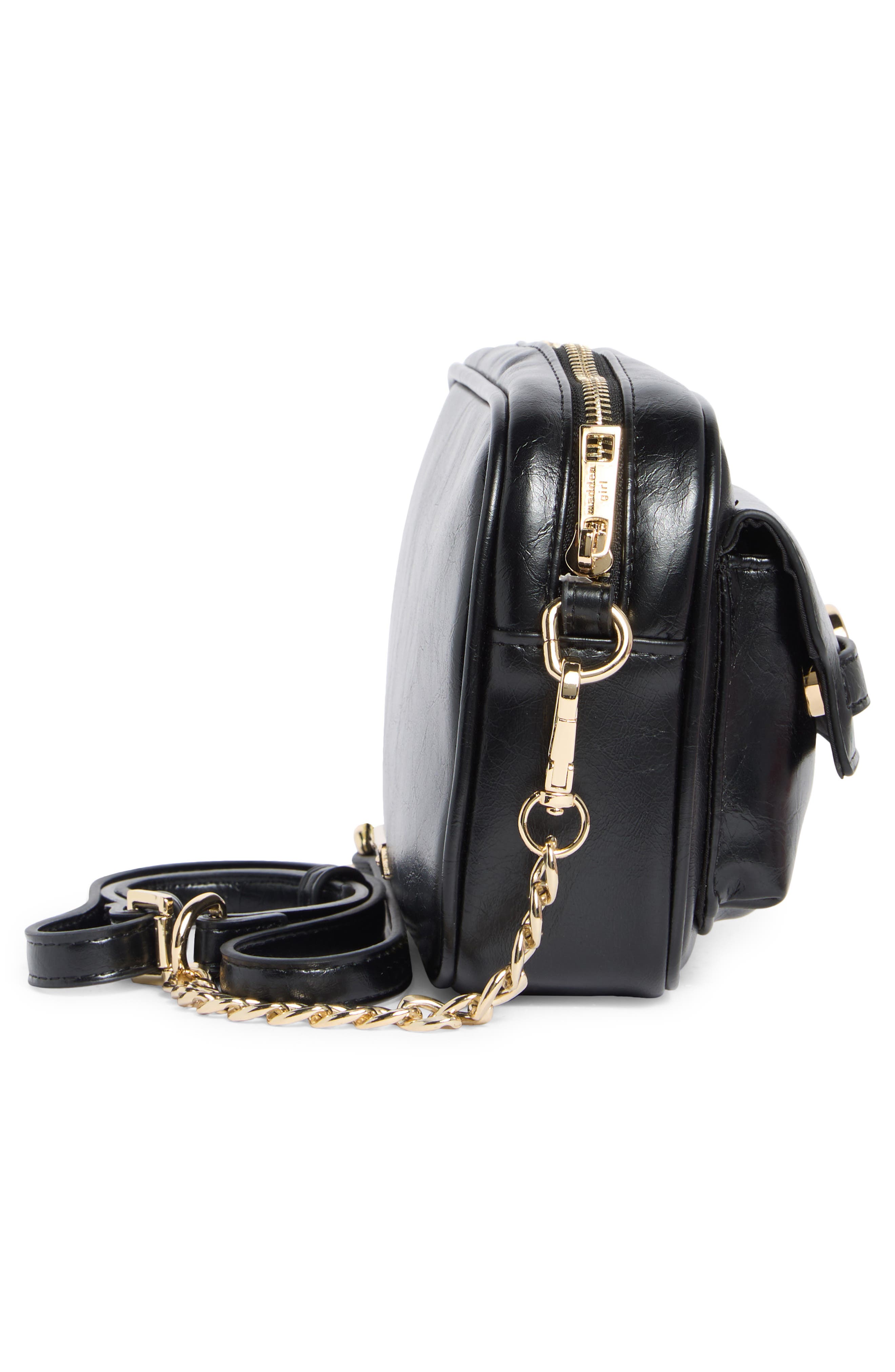 Madden Girl Crinkle Faux Leather Camer Bag, Alternate, color, Black