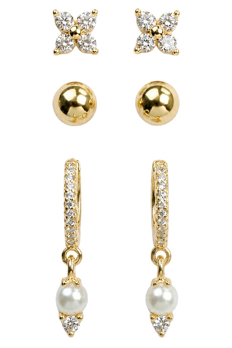 Set of 3 Cubic Zirconia & Imitation Pearl Earrings, Main, color, CLEAR MULTI / GOLD